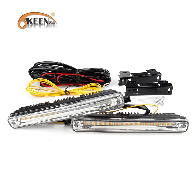 Okeen 2 Pcs Sequentiële Vloeiende Auto Led Drl Dagrijverlichting Drl + Geel Richtingaanwijzer Super Wit Drl fog Lamp 12V