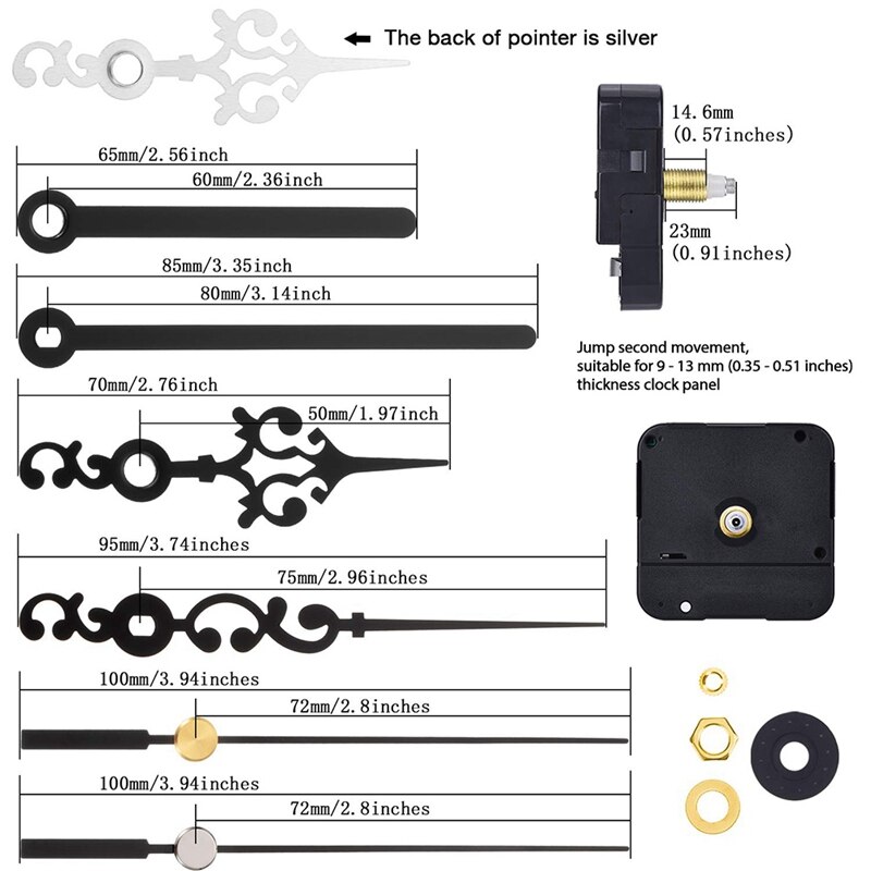 Long Shaft Clock Movement Mechanism Battery Operated DIY Repair Parts Replacement with 2 Pairs of Hands