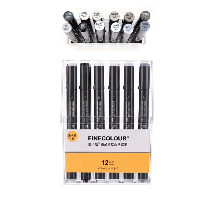 Finecolour EF103 Profession Alcohol Based Art Markers Oily Soft Double-Headed Sketch Markers Artist Manga Art School Supplies: 12colors-gray-box
