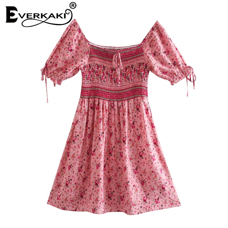 Everkaki boho blommönster miniklänning kvinnor sommar elastisk vestidos damer chic flicka rosa klänningar kvinnlig höst