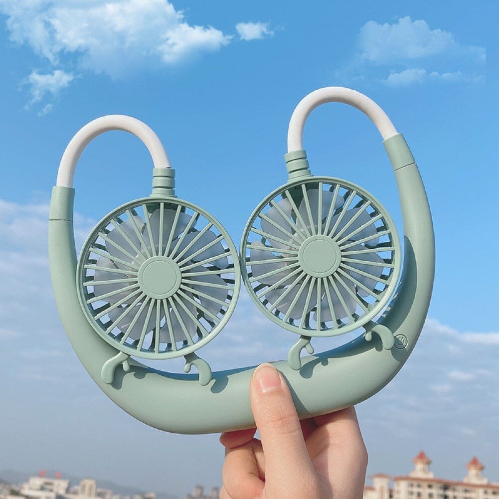 Neck Band Fan Portable Mini Double Wind Head Neckband Fan with USB Rechargeable Air Cooler for Traveling Outdoor Office Portable