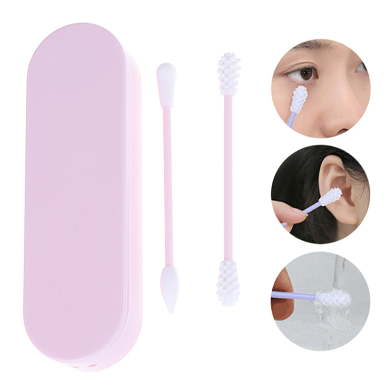 2Pcs Reusable Cosmetic Cotton Swab Double Head Ended Clean Cotton Swabs Ear Clean Set Includes Storage Silicone Cotton Box