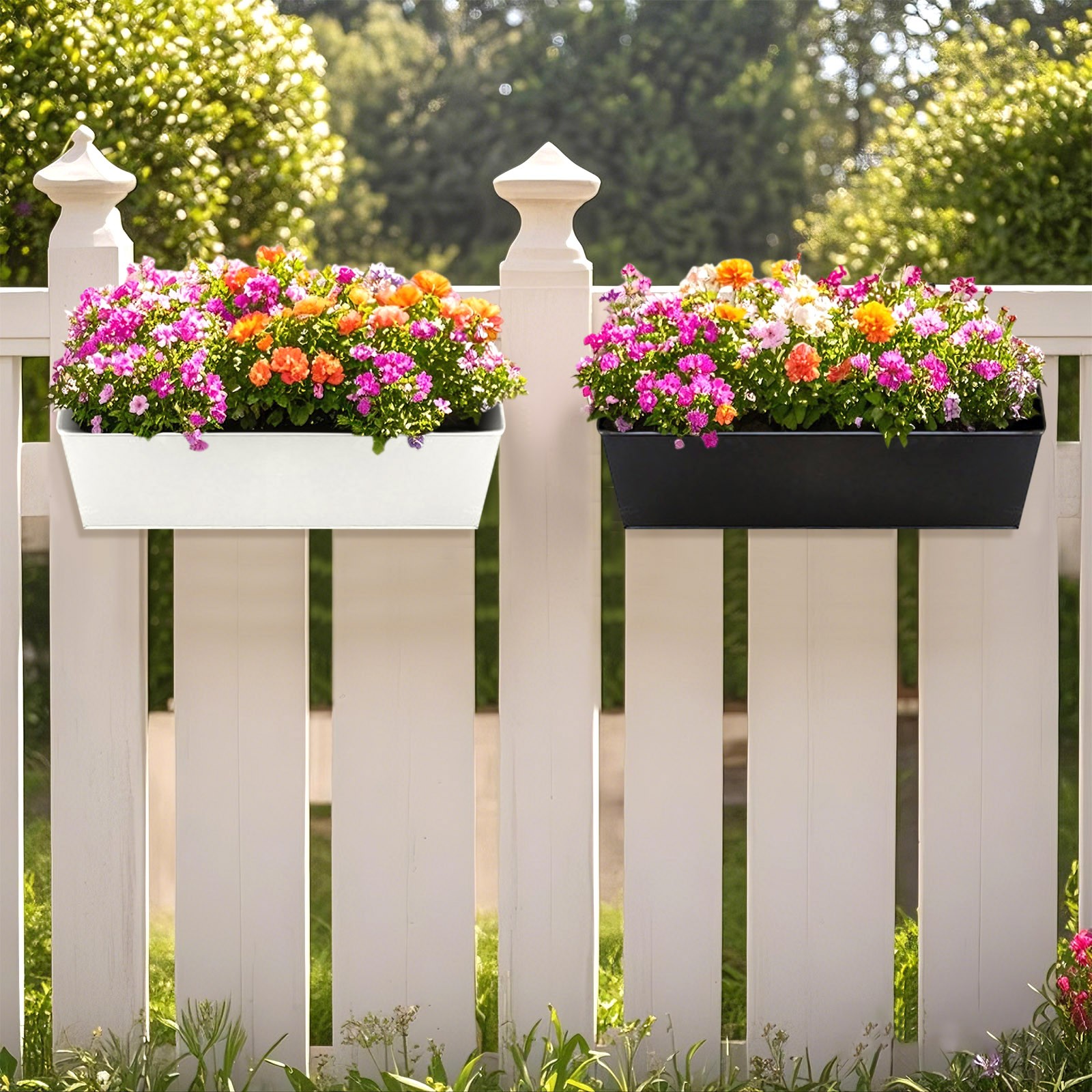 Udendørs planter sort metal jern hængende blomsterpotter terrasser rækværk hegn spande moderne boheme vægmonteret vindueskasse