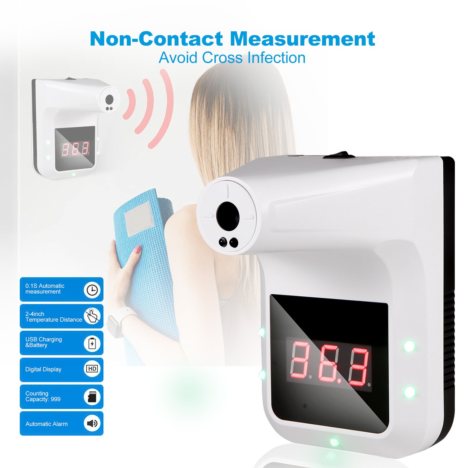 Handsfree Termometer Wall Mounted Touchless Hanging Infrared Termometer Wall Termometer °C/°F 0.5S Fast Measurement Buzzer Alarm