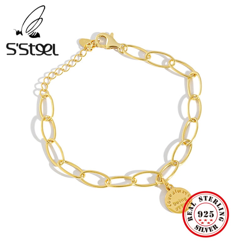 S'STEEL Korean 925 Sterling Silver Bracelets For Women Geometric Disk Gold Chain Bracelet Femme Pulsera Plata Mujer Fine Jewelry