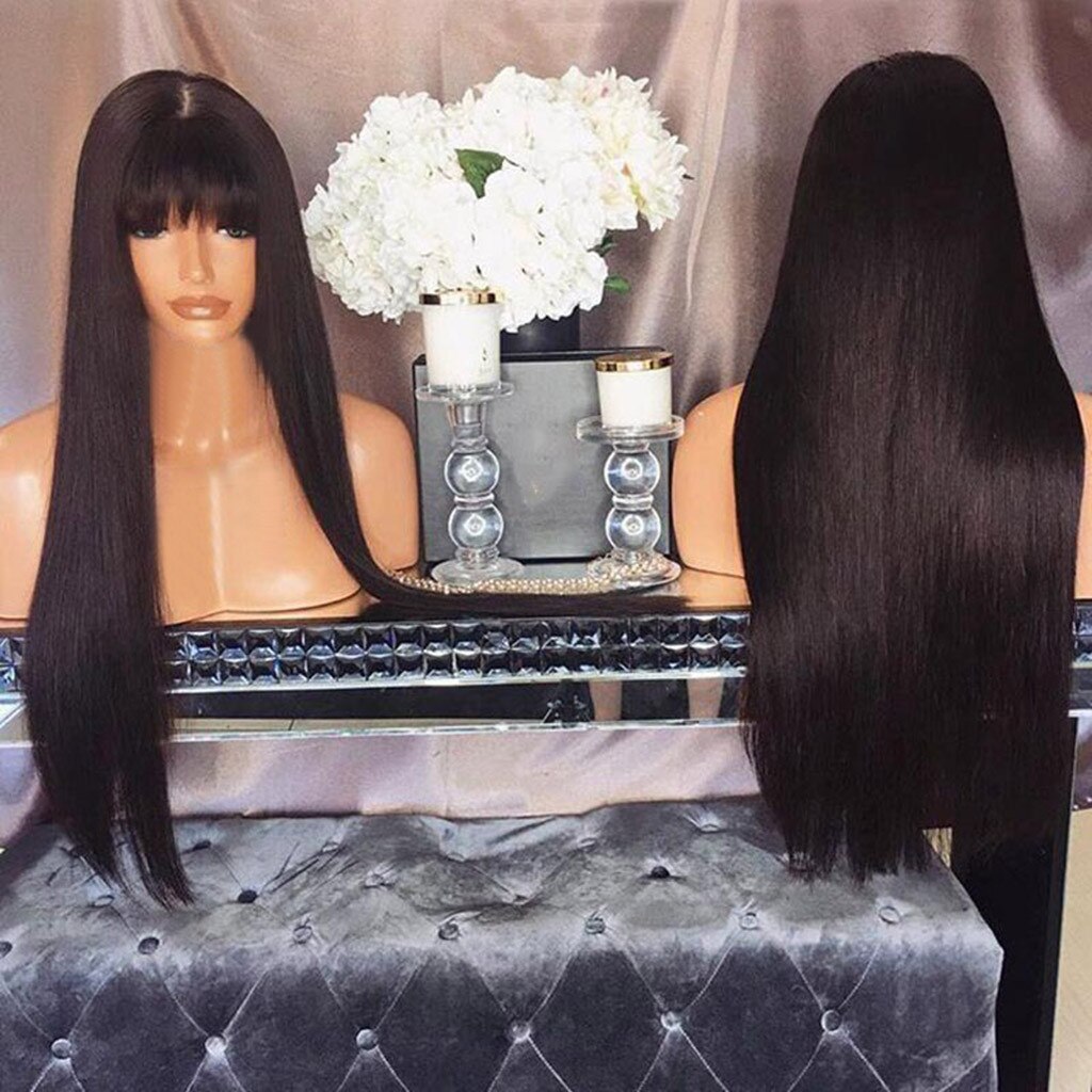 Largo negro recto pelucas peluca para mujer afroamericana Peluca de pelo sintético con flequillo negro Natural del pelo recto pelucas para mujeres # g30