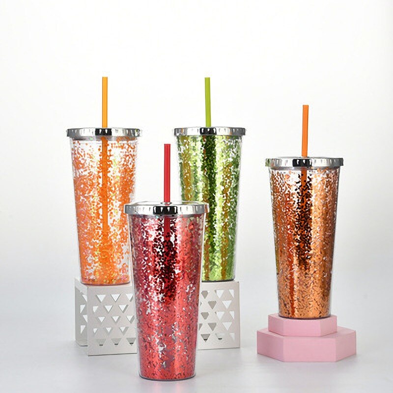 Color Sequins Tumblers Cup Straw Cold Cup with Lid Cups with Lids and Straws Mug Plastic Straight Cup Water Cups