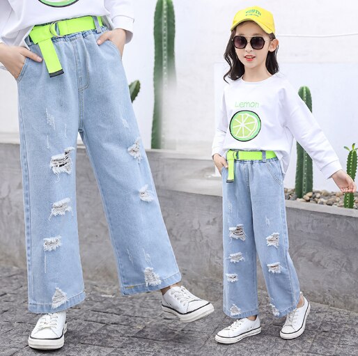Pige denim bukser børn jeans til piger efterår patchwork farve høj talje løs denim jeans hul revet bukser til teenager børn