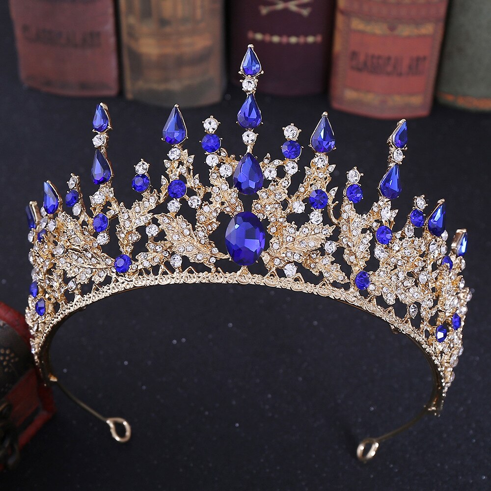 Tiara de cabelo para noiva, tiara de cristal de bronze retrô barroca para noiva, coroa, strass paga, diadema, tiara de véu para casamento, acessórios de cabelo: Gold Blue