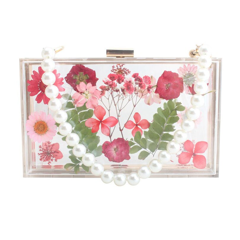 Bolso de mano de plástico con flores transparentes para mujer, bolsa de hombro transparente, de noche, con perlas: C Style 01