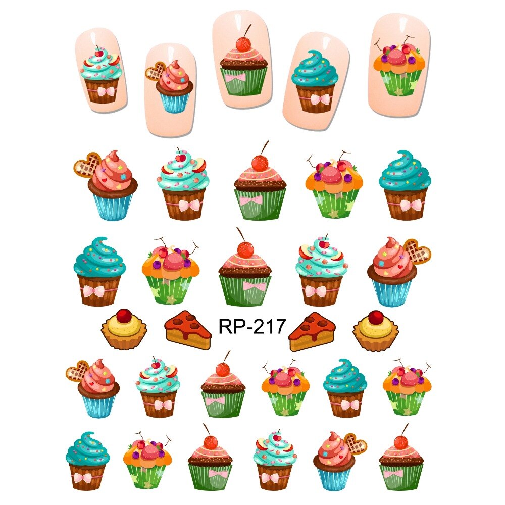 UPRETTEGO – Autocollant décalcomanie motif mignon, Nail Art, adhésifs pour faux-ongles, dessin animé, adorable, dessert noix de coco, crème glacée, gâteau, cerise, fruit, tasse, RP217-222,