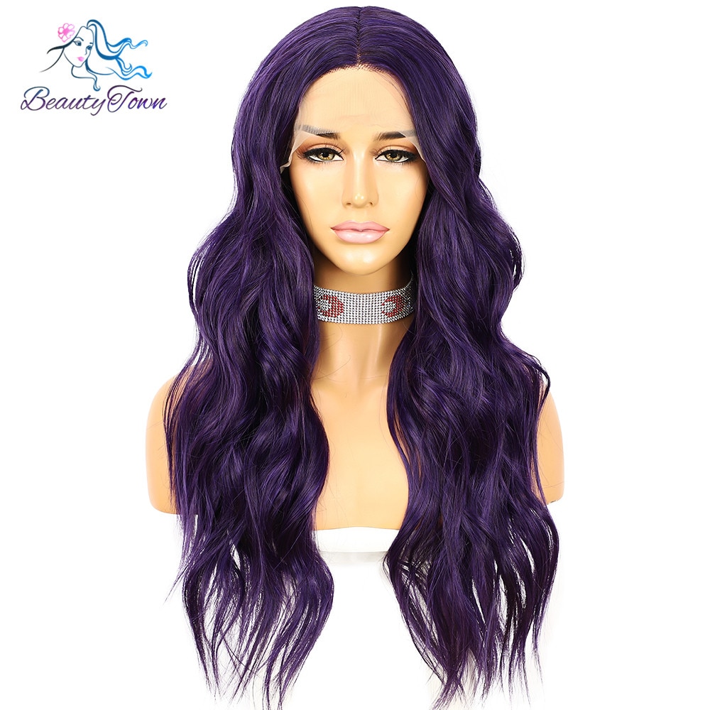 Long Body Wave Purple Lace Wig For Women Deep Middle T Part Lace Wig Daily Makeup Cos Wedding Party Synthetic Lace Wigs