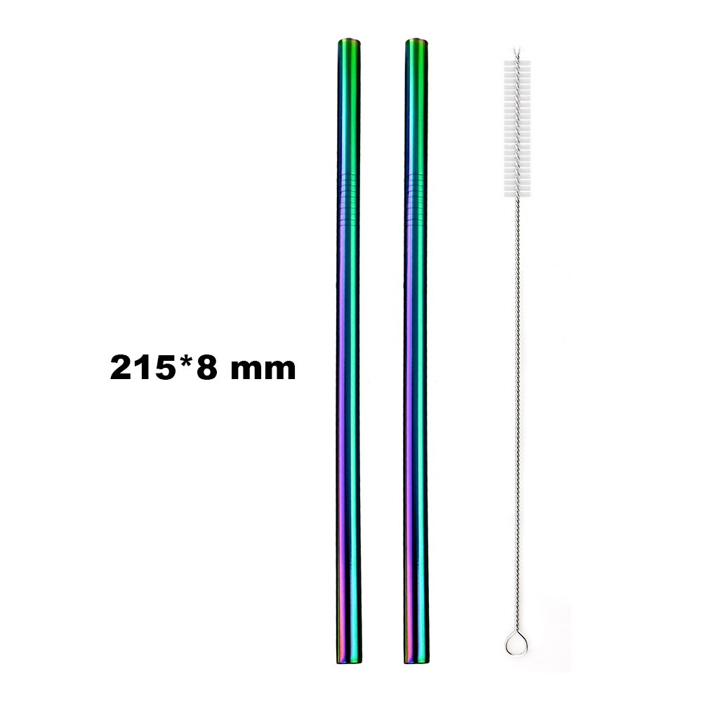 Pajilla de Metal reutilizable para beber, pajilla de Metal de acero inoxidable, paja colorida de arco iris de 16/19/21/23/26cm, diámetro de 6/8/12mm con 1 cepillo, 2 uds.: 215x8 Straight