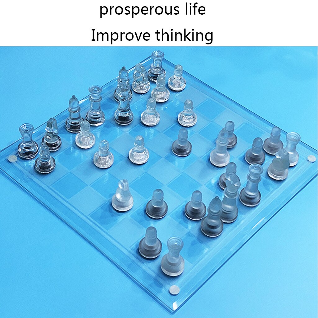 Exquisite Glass Chess Game Set, Solid Glass Chess Pieces and Crystal Mirror Chess Board for Young Adults