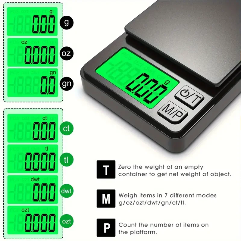 1 Stück Präzisions-Elektronikwaage, 1000 g x 0,1 g – digitale Gramm-Lebensmittel-Schmuck-Unzen-/Getreidewaage mit hintergrundbeleuchtetem LCD – Miniwaage