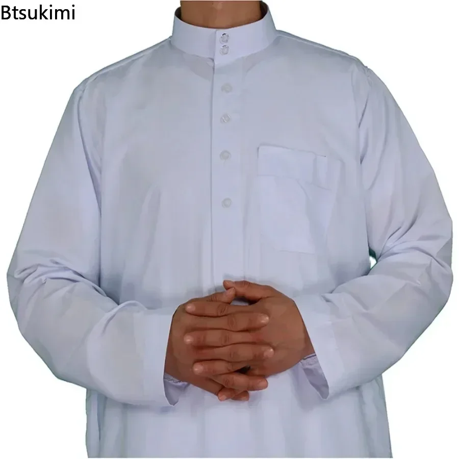 2025 Mannen Moslim Mode Lange Mouw Abaya Saudi Arabische Effen Kleur Losse Kaftan Bescheiden Gewaad Mannen Musulman Kostuums Jubba Thobe