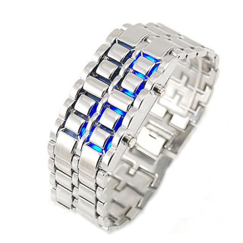 Mode LED Elektronische Horloge Roestvrij Stalen Armband Horloge Mannen Lava Iron Samurai Metal Faceless Digitale Horloges 752: Silver Blue