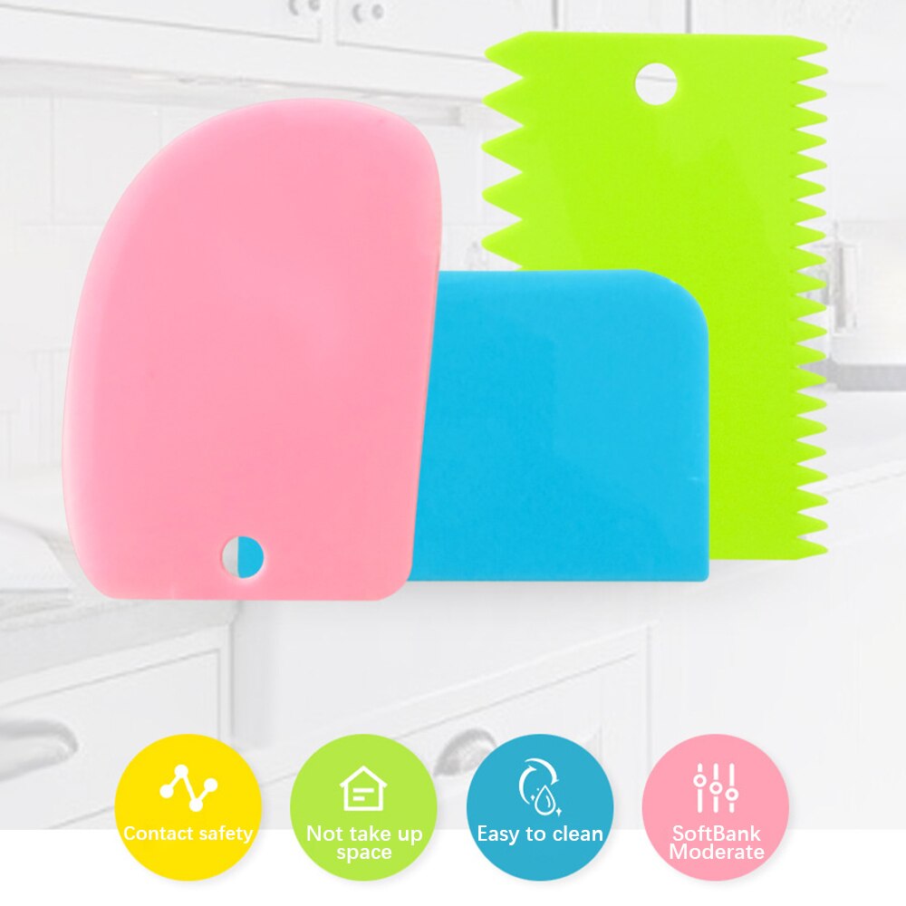 3pc bakgereedschappen, plastic deegmes, glazuur, fondantschraper, decoreren, glad, gekarteld, spatels, uitstekers, taartgereedschap