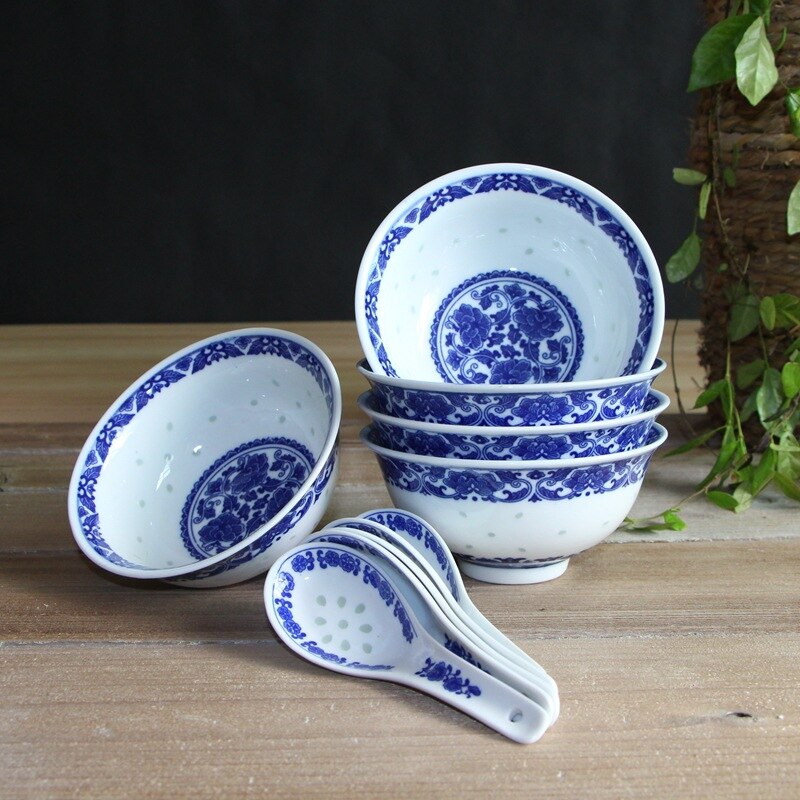 Jingdezhen Blau und Weiß Porzellan Geschirr Keramik exquisit Schüssel Porzellan Schüssel 5 Zoll Reis Schüssel einstellen Haushalt Schüssel und Erzähler: 5 Zoll Linglong chan zhi lian 5 Schüssel  5 Löffel