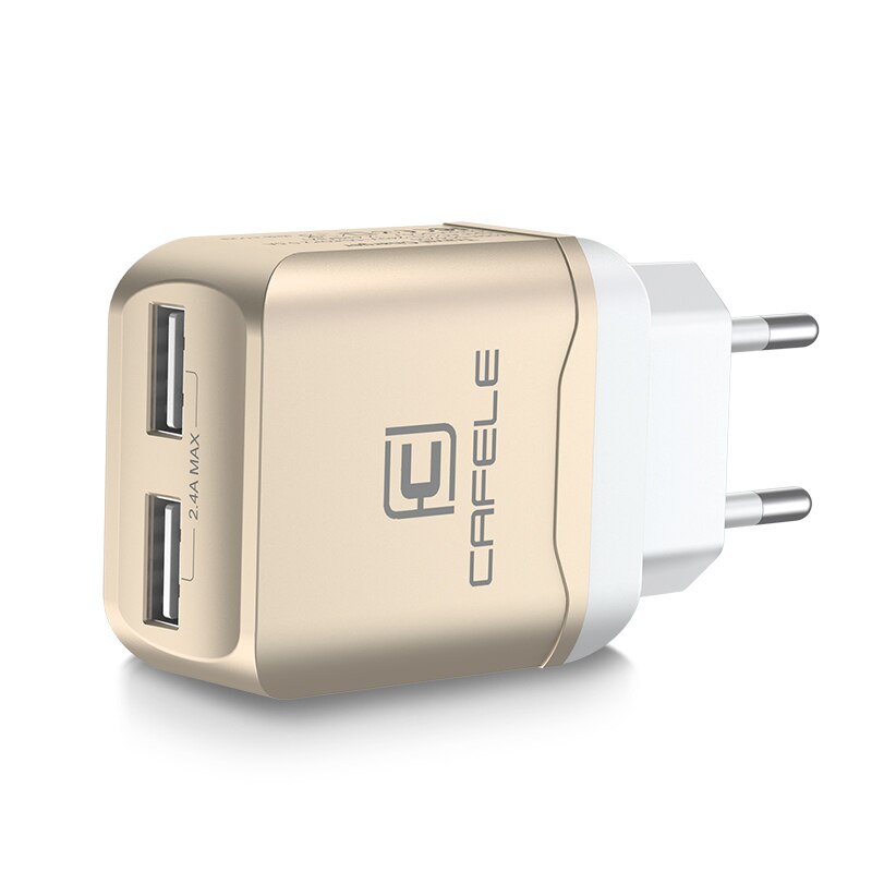 CAFELE EU Charger Plug Travel USB 2.4A Dual output Universal Adapter Charger Smart Phone Charger with 2 in 1 Retractable cable: gold