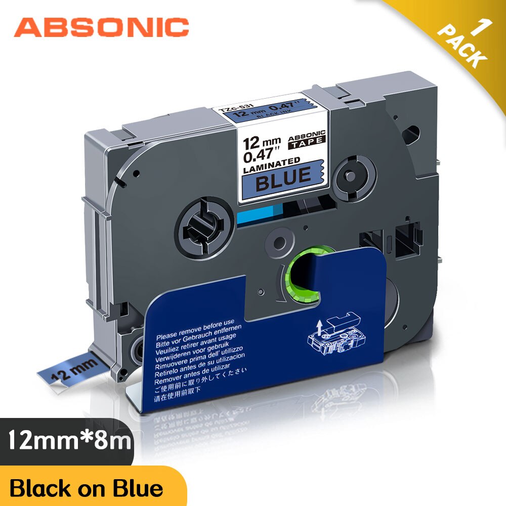 Absonic 12 millimetri TZe TZ Etichetta del Nastro Nastro Adesivo Nero su Blu TZe-531 Compatibile per Brother p-touch PT200 1000 d210 H110 E110 Label Maker