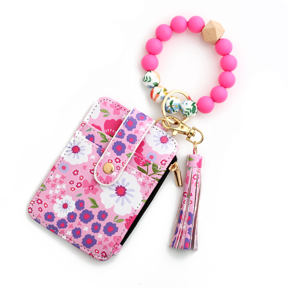 Silicone bead pu leather key chain wristlet id credit card holder keychain wallet for women Pink Flower Print Wallet: black