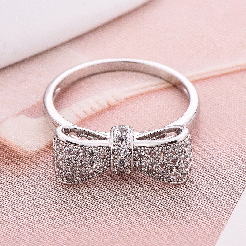 Huitan White Color Sweety Bowknot Rings With Sparkling Cubic Zircon Ring Exquisite Wedding & Engagement Rings