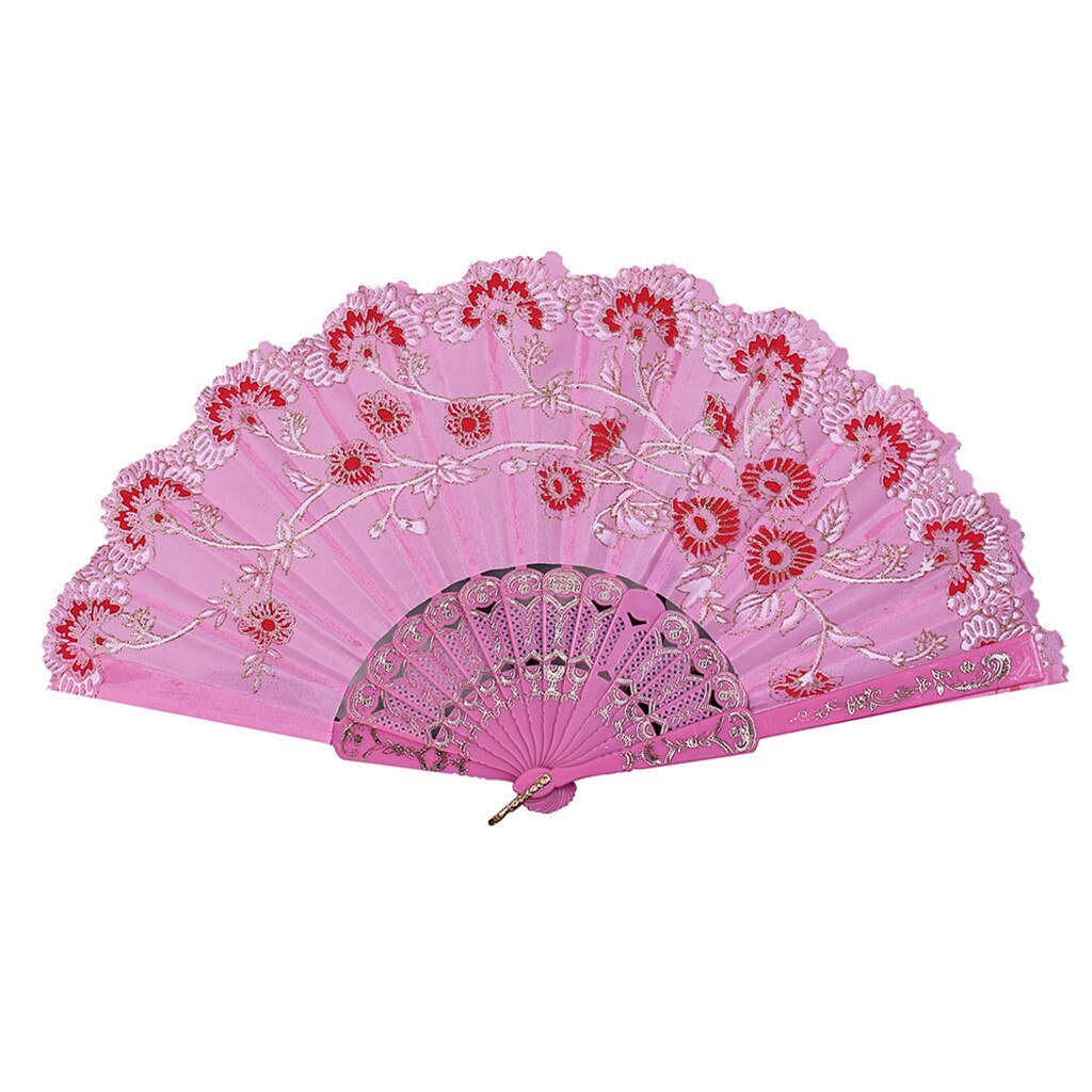 Fãs de flores do vintage bordado estilo chinês dança festa casamento mão fã rendas seda dobrável realizada flores ventilador abanico navio da gota: Rosa