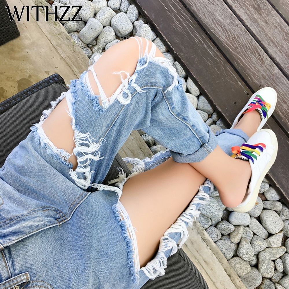 WITHZZ Neue 5XL Zerrissene Jeans frauen verlieren Dünne Jeans Frauen Hosen Reithose Overall Jahrgang Weibliche Zerrissen Hosen: M