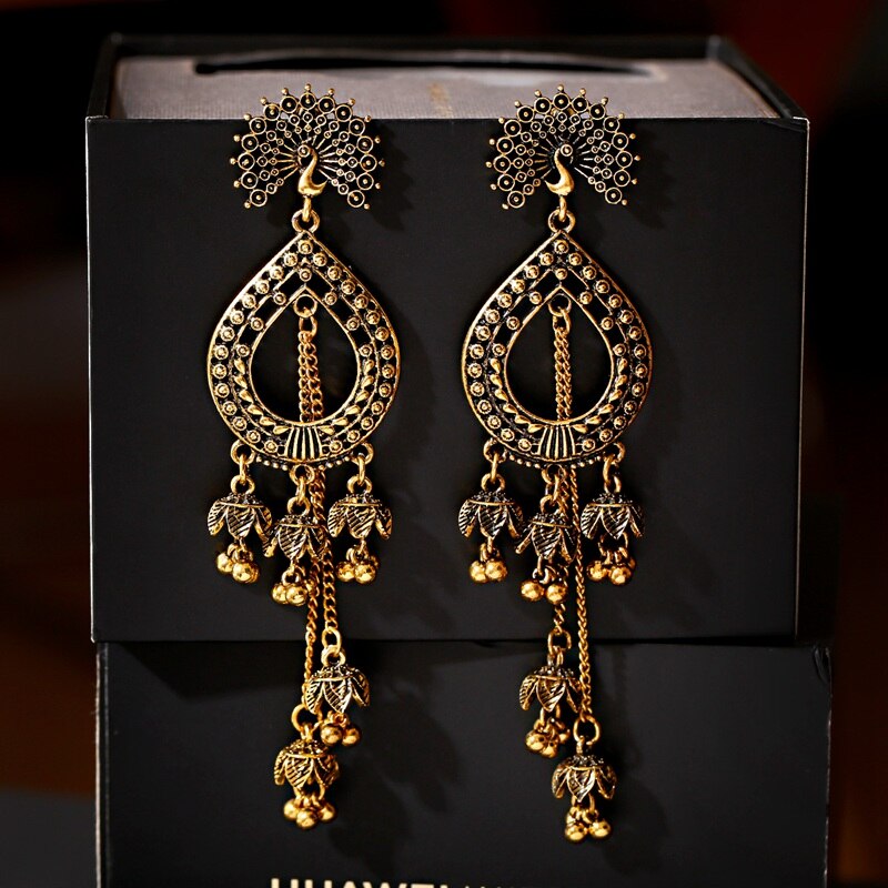 Vintage Indian Bollywood Kundan Peacock Carved Jhumka Jhumki Water Earrings Women Boho Ethnic Long Tassel Earring Jewelry