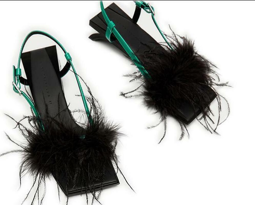 Kvinder pels fjer lodne uregelmæssige mærkelige hælspænde sandaler smarte moderne sko slingback peep toe  c330