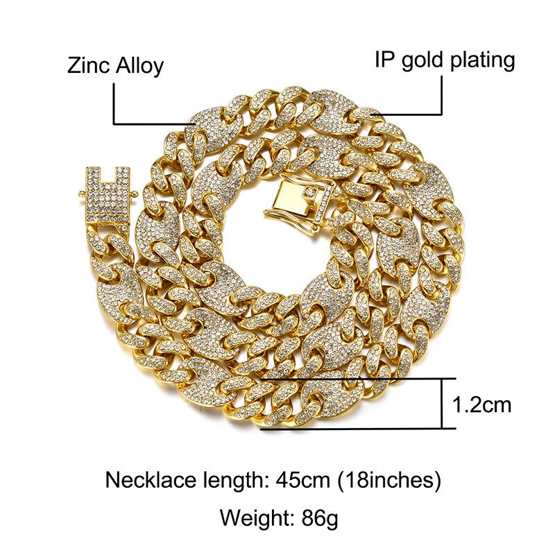 Hip Hop Bling Aaa + Iced Out Lichtmetalen Rhinestones Koffieboon Miami Cubaanse Ketting Voor Mannen Sieraden