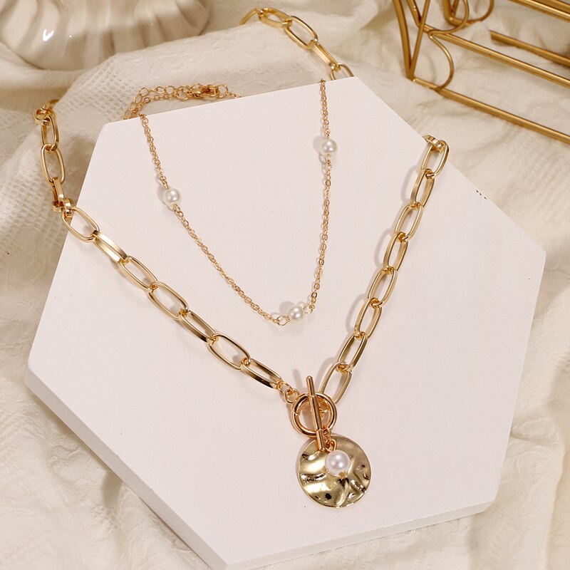 VKME Retro Coin Silver Gold Chain Necklace For Women Multi-layer Geometric Round Pendant Silver Choker Necklaces Jewelry: 3  VK301929