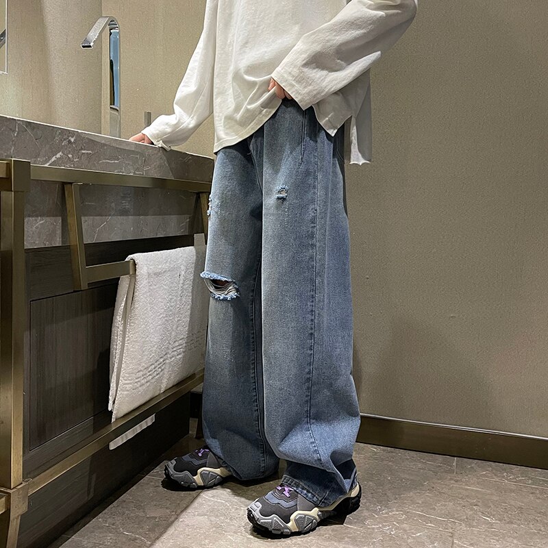 Pantalones vaqueros elásticos para hombre, rasgado y roto, Jeans rectos con agujeros a la , talla grande: Dark blue / M