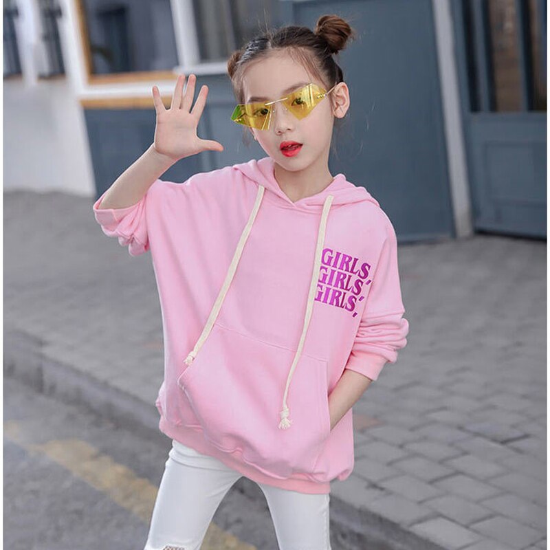 Grote meisjes hoodies katoen lente tienermeisjes letter print hoodies tops kinderen losse sweatshirts lange mouwen bovenkleding: Roze / 8