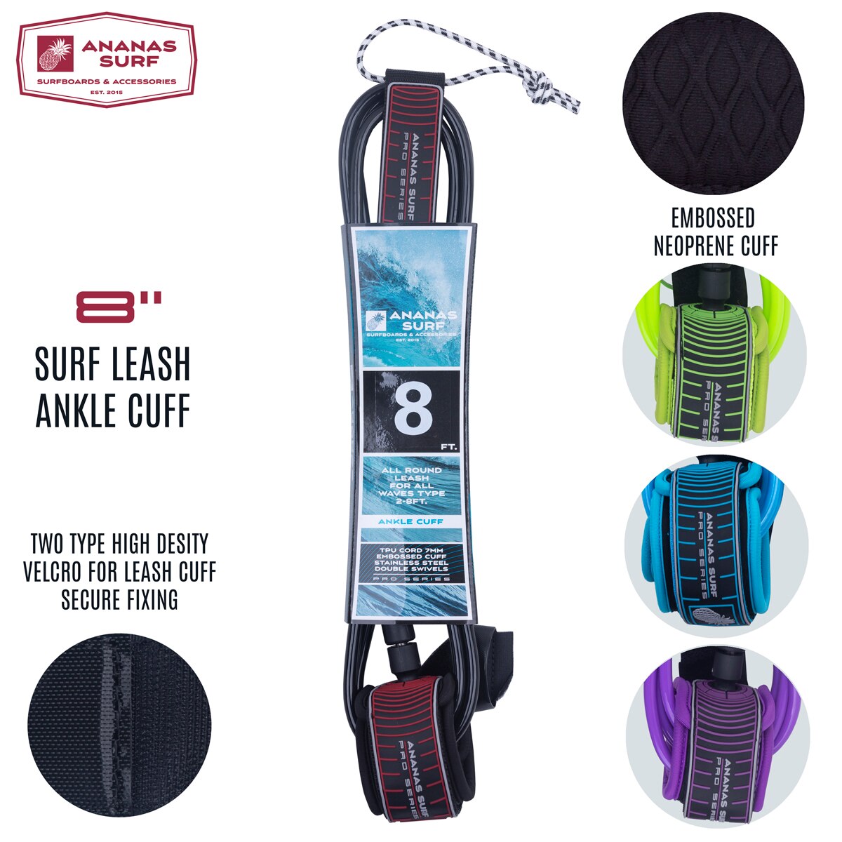 Ananas Surf 8ft. 244 cm. Long Surfboard Leash Ankle Cuff Foot Leg Rope Safety Cord 7mm TPU Double Stainless Swivels