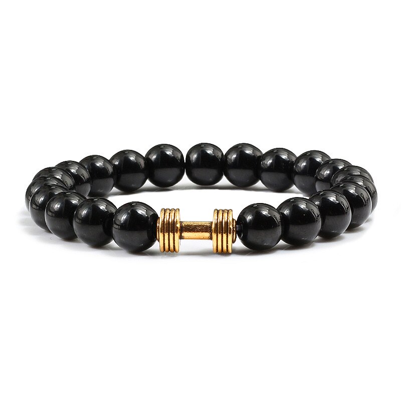 Kausalen Männer Armband Schwarz Natürliche Stein Lava Perlen Legierung Fitness gym Hantel Armbänder Armreifen Charme Frauen Männlichen Outdoor Schmuck: Bright Black Gold