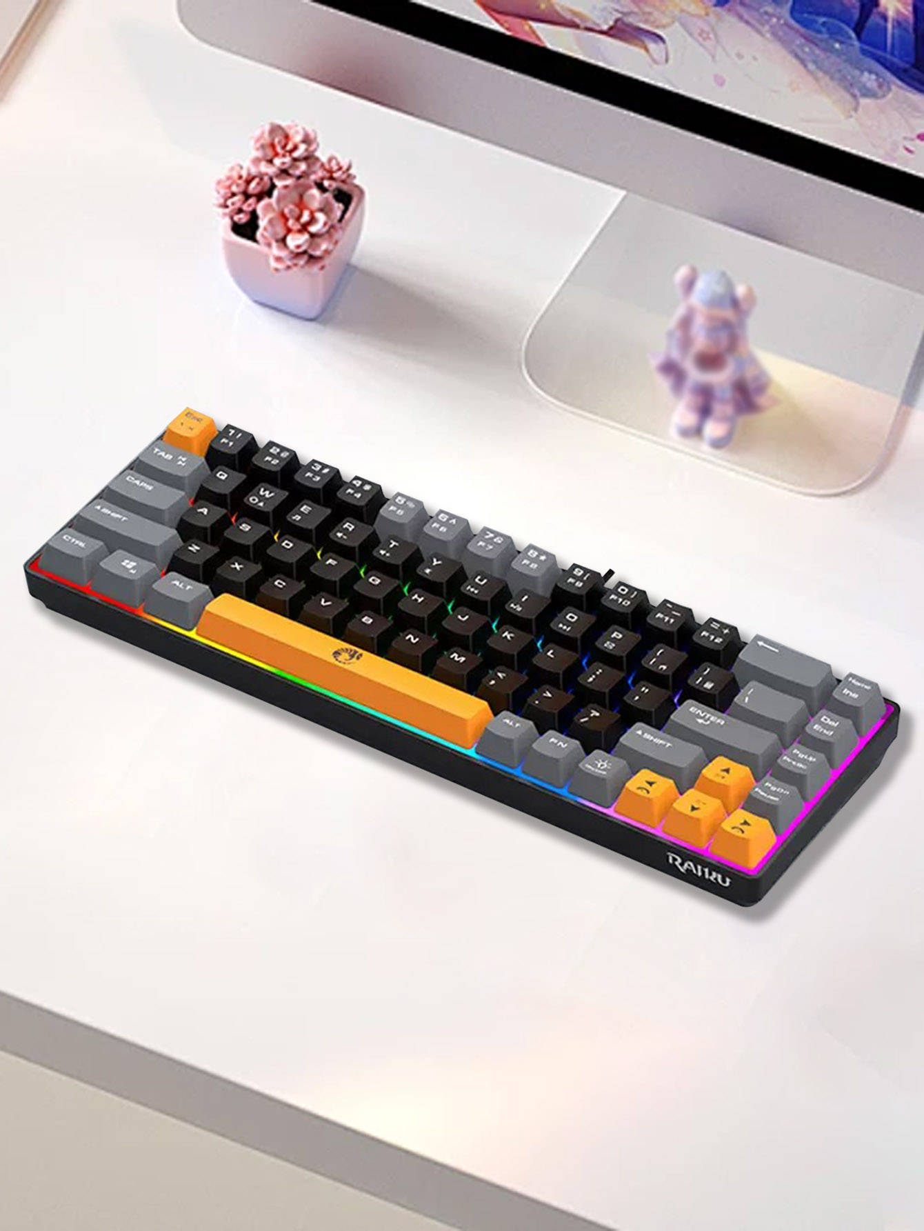 Three-piece wired gaming keyboard, rainbow backlight, multimedia function, mechanical feel, suitable for office and gaming: black