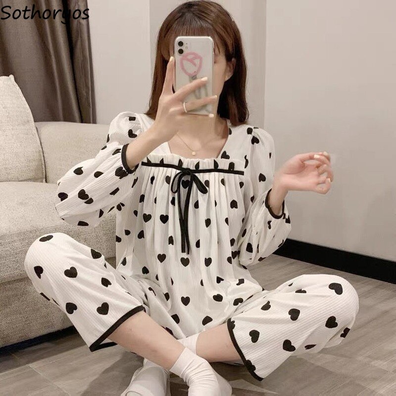 Conjunto de pijama de manga larga para mujer, ropa de dormir sencilla con cuello cuadrado y lazo, cómoda, holgada, informal, 2 piezas