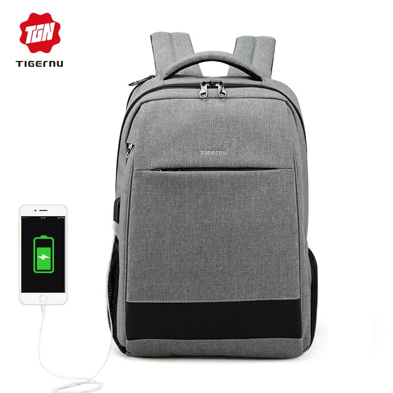 Mochila para ordenador portátil Tigernu 15,6 para hombre, mochilas con carga USB para hombre, mochila escolar antisalpicaduras delgada, mochilas para niños, masculina: Grey