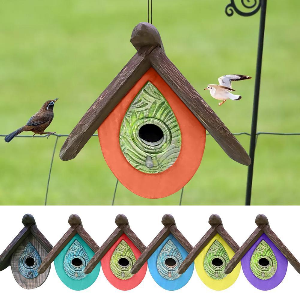 Hand Carved Wood Birdhouse Outdoor Hanging Birdhouse Ornament For Garden Courtyard Terrace Decoration