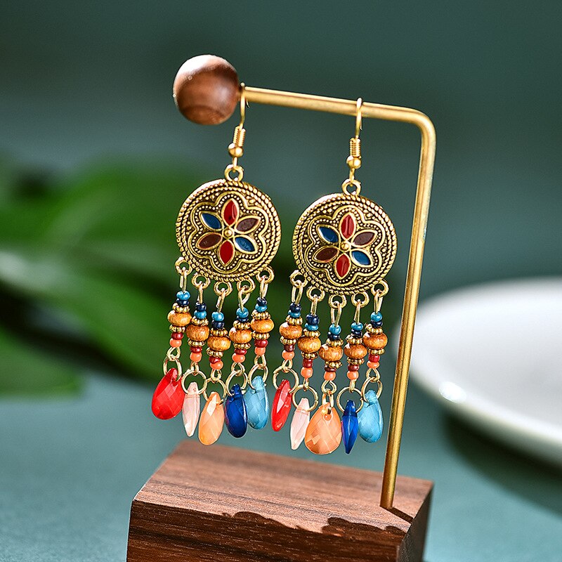 Etnische Retro Bloem Boho Sieraden Turkse Jhumka Oorbellen Vrouwen Vintage Turkije Hout Kralen Kwastje Oorbellen Bijoux: Style 1