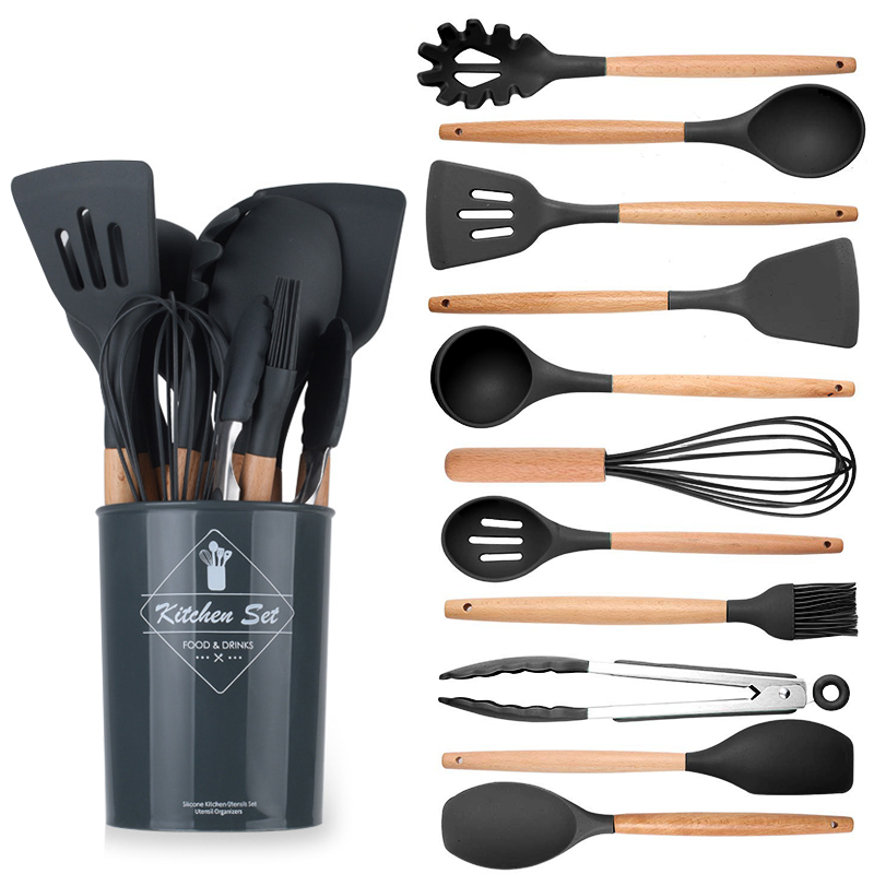 12 Pçs Siliconen Utensílio De Cozinha Conjunto Bpa Livre Não Tóxico Utensílios De Cozinha Alça De Madeira Com Caixa De armazename