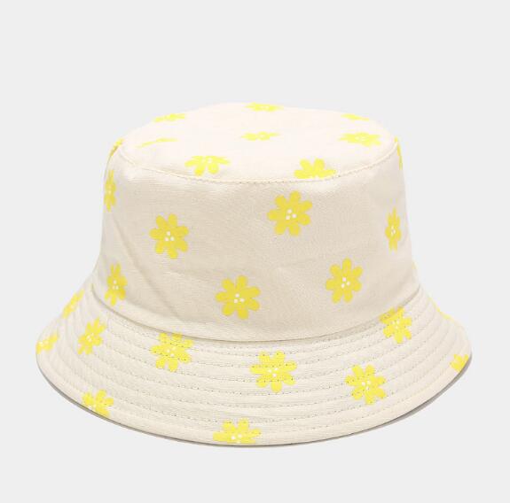 Koreansk stil dobbeltsidet bomuld blomsterprint spand hat fisker hat udendørs rejse hat sol cap hatte til mænd og kvinder: Beige