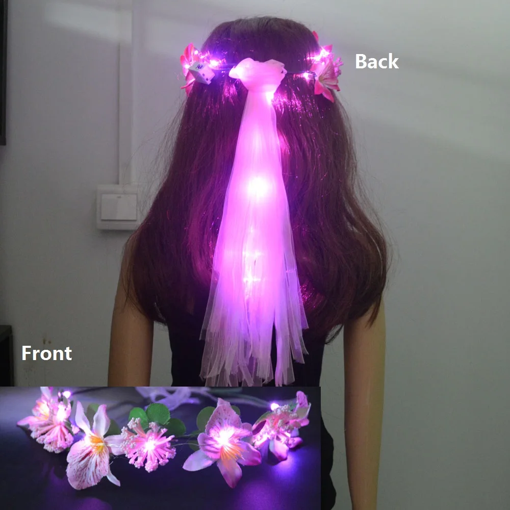 Women Girl Glow Party LED Hawaiian Lei Headband Light Up Flower Ribbon Crown Birthday Wedding Festival: army green