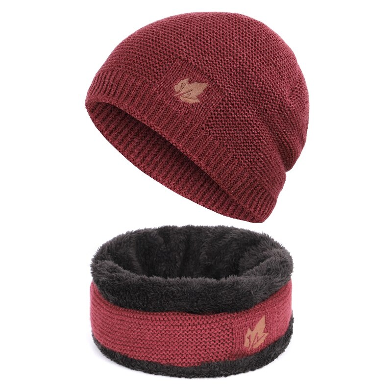 Vinter hue-hatte tørklædesæt varm strik foret hals fleece varmere vinterhue & tørklæde sæt: Rødvin