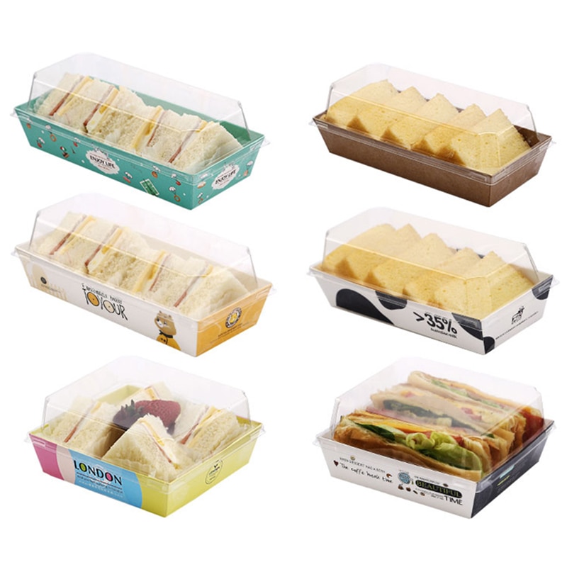Engångsmacka kartong brödlåda puffar genomskinligt lock förpackningslåda bageri snacks förpackningslåda snabbmatslåda take away