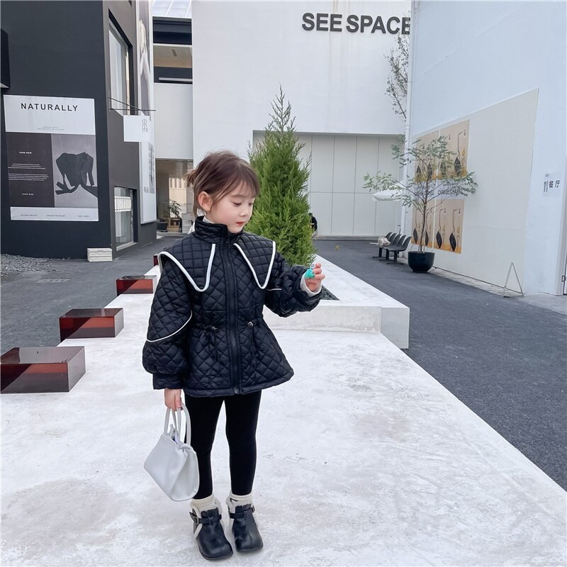 2021 cappotto invernale da bambina in stile coreano cappotto a maniche lunghe colletto rovesciato giacca in cotone pile a vita alta bambini capispalla caldo E2048
