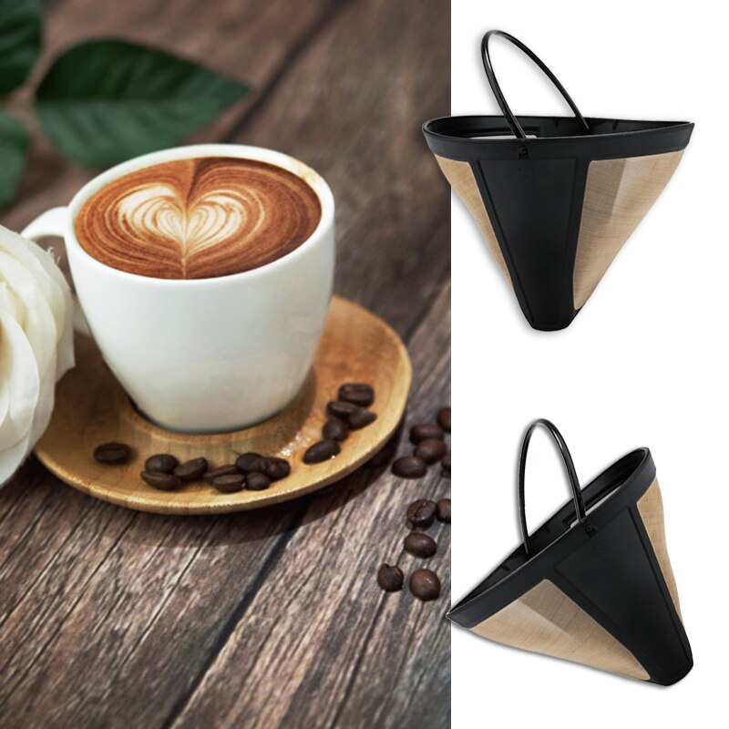 1pc Washable Handle Coffee Filter Stainless Steel Reusable Coffee Filter Cone-Style Refillable Gold Mesh Cafe Maker Machine Tool