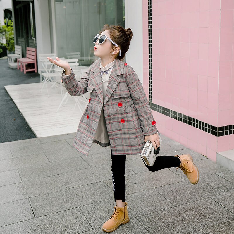 Kids Girl Overcoat Plaid Double-breasted Coat for Girls Teens Autumn Jacket Long Outerwear Children Windproof 4-13 Years